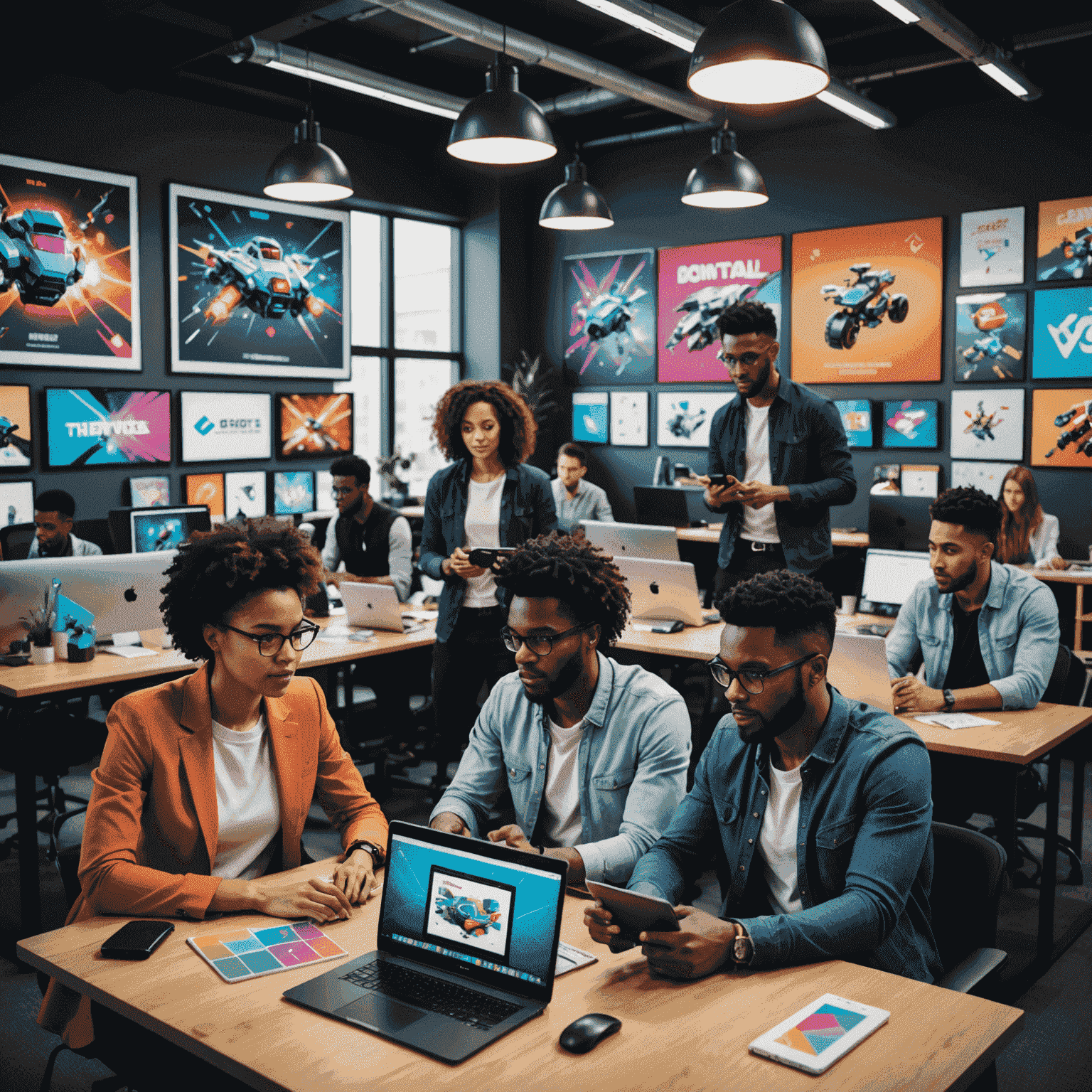 A diverse group of young professionals collaborating in a modern office space, surrounded by colorful posters of mobile games and AI concepts. The team appears energetic and engaged in discussion, with laptops and tablets visible on their desks.