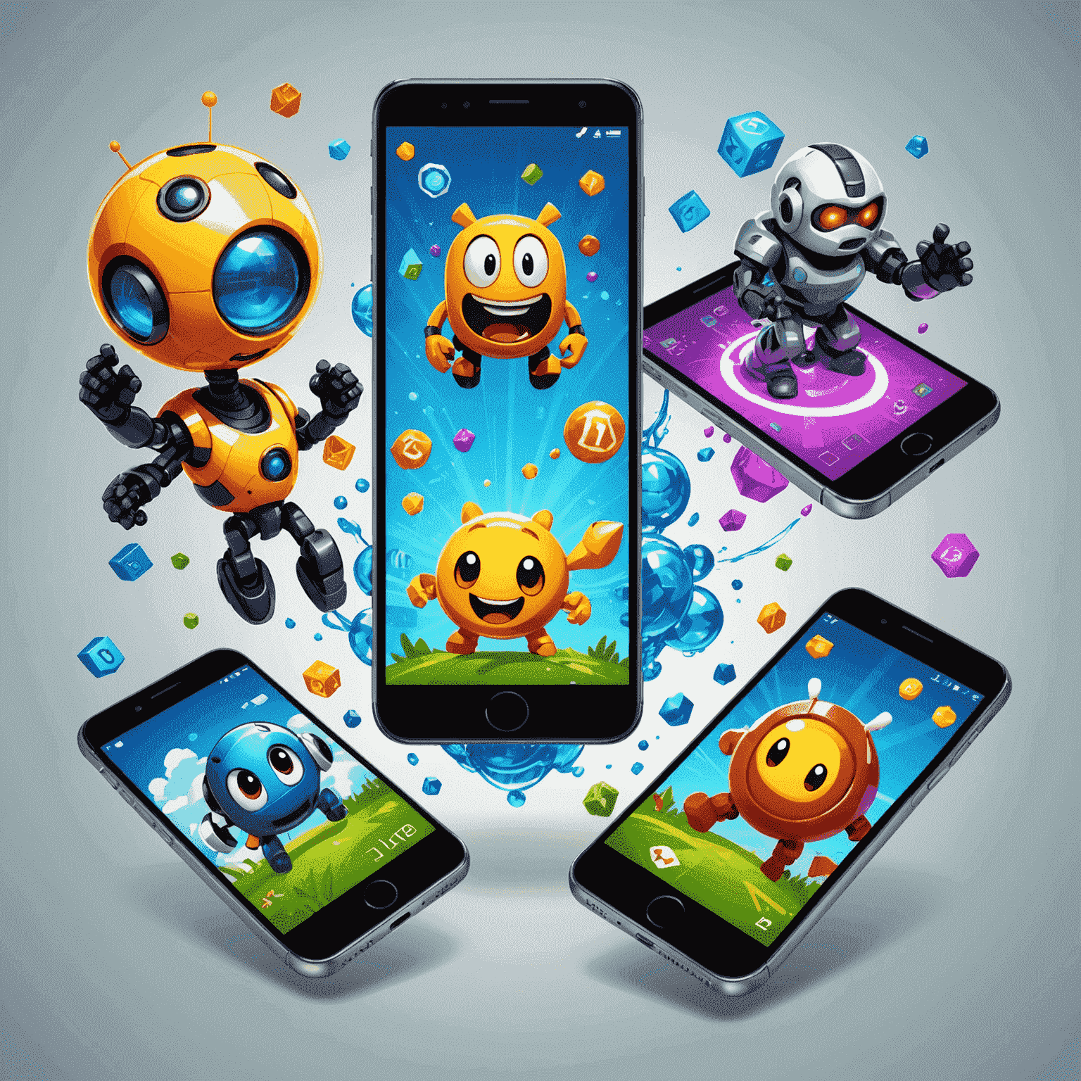 Cartoon-style illustration of mobile devices with game characters popping out, representing the fusion of AI and mobile gaming