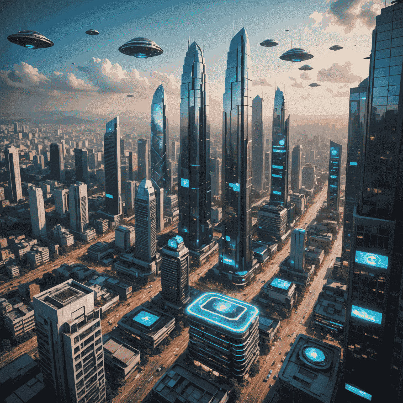 A futuristic cityscape of Bangalore with holographic game characters floating above skyscrapers, symbolizing the fusion of AI and mobile gaming in India