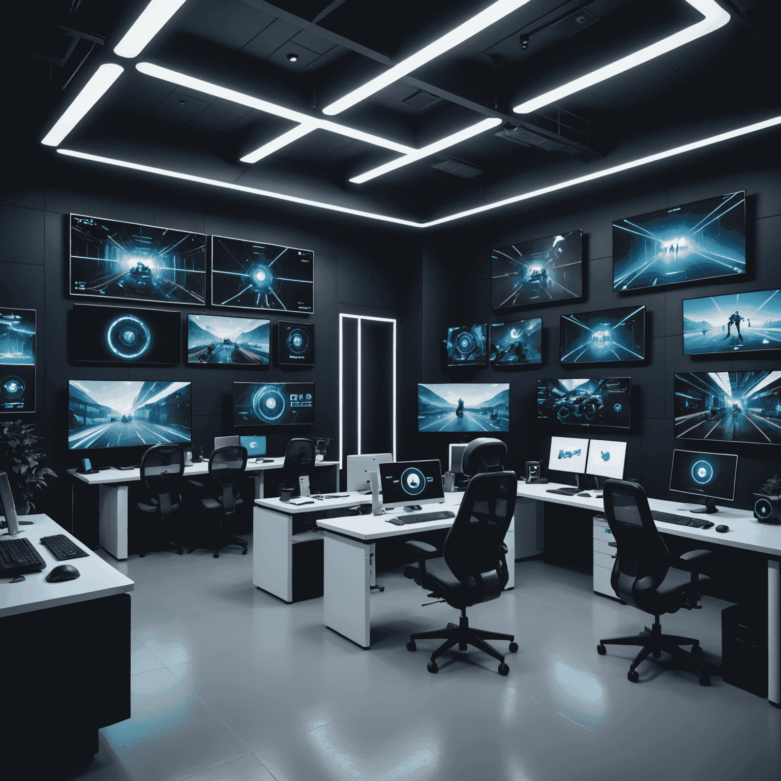 A futuristic office space with large screens displaying AI algorithms and game prototypes. The room is filled with cutting-edge technology, including VR headsets and holographic displays, showcasing the innovative environment at In-Mobgame.