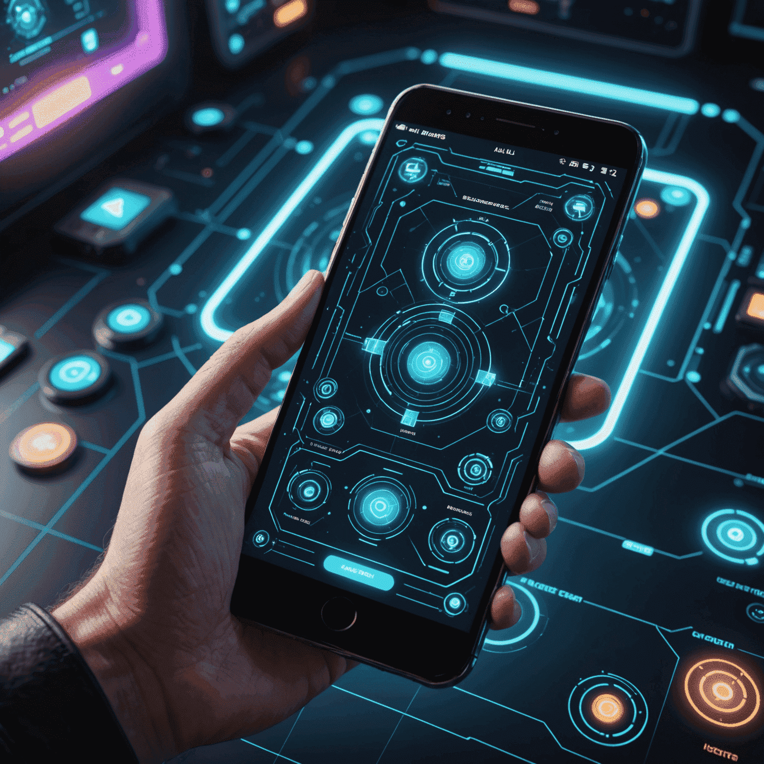 Futuristic AI designing a mobile game interface with holographic projections and floating game elements