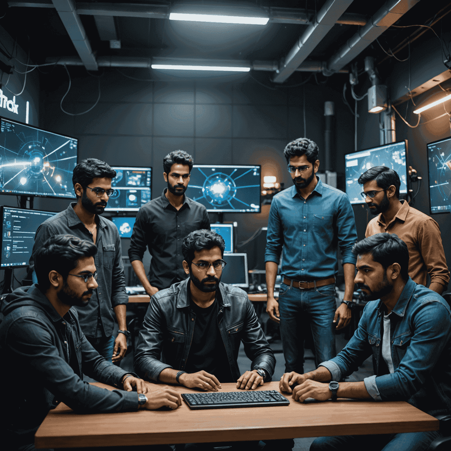 A diverse team of Indian game developers collaborating on AI algorithms, surrounded by holographic game characters and code snippets