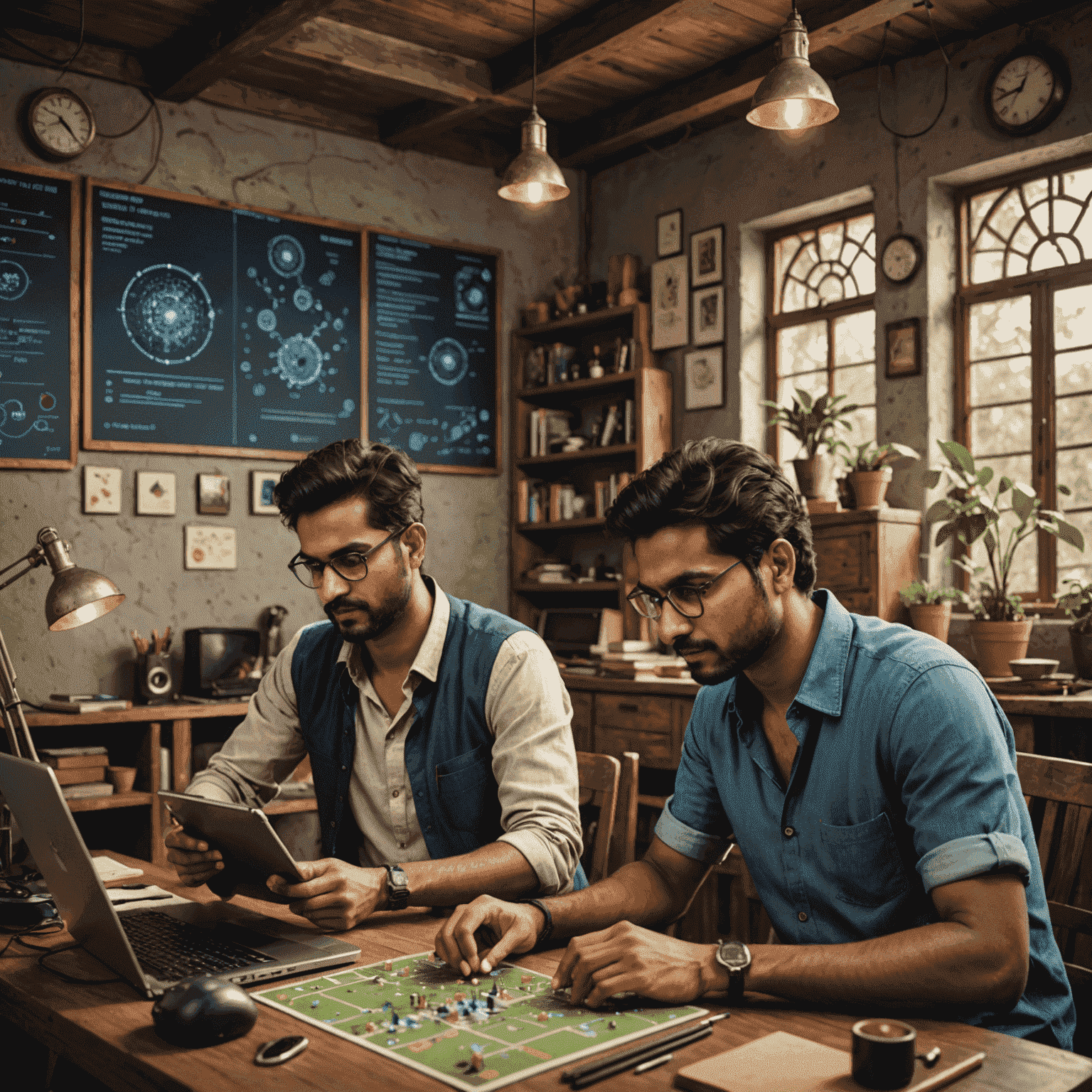 Indian developers working on AI-driven mobile games with traditional Indian elements in the background